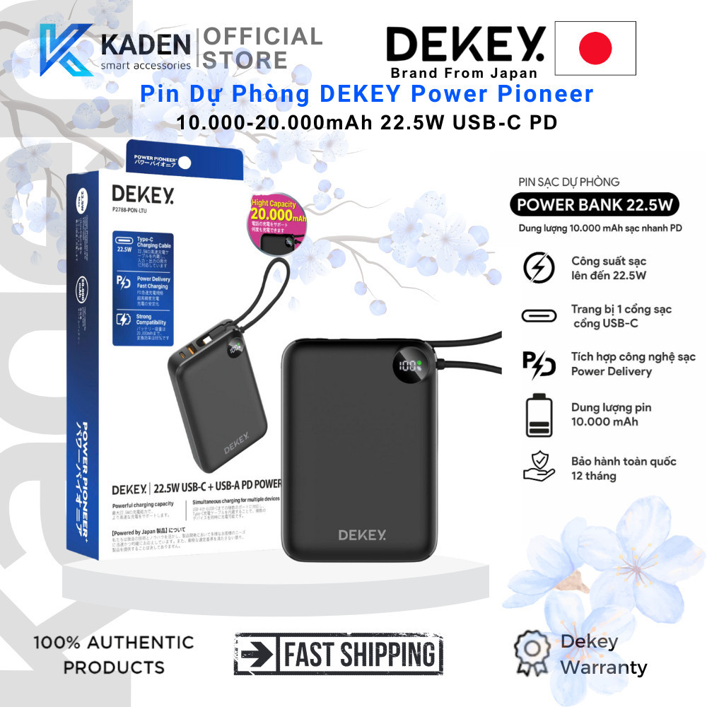 Pin Dự Phòng DEKEY Power Pioneer 10.000mAh sạc nhanh 22.5W USB-C PD Power Bank, có màn hình Led ,chí