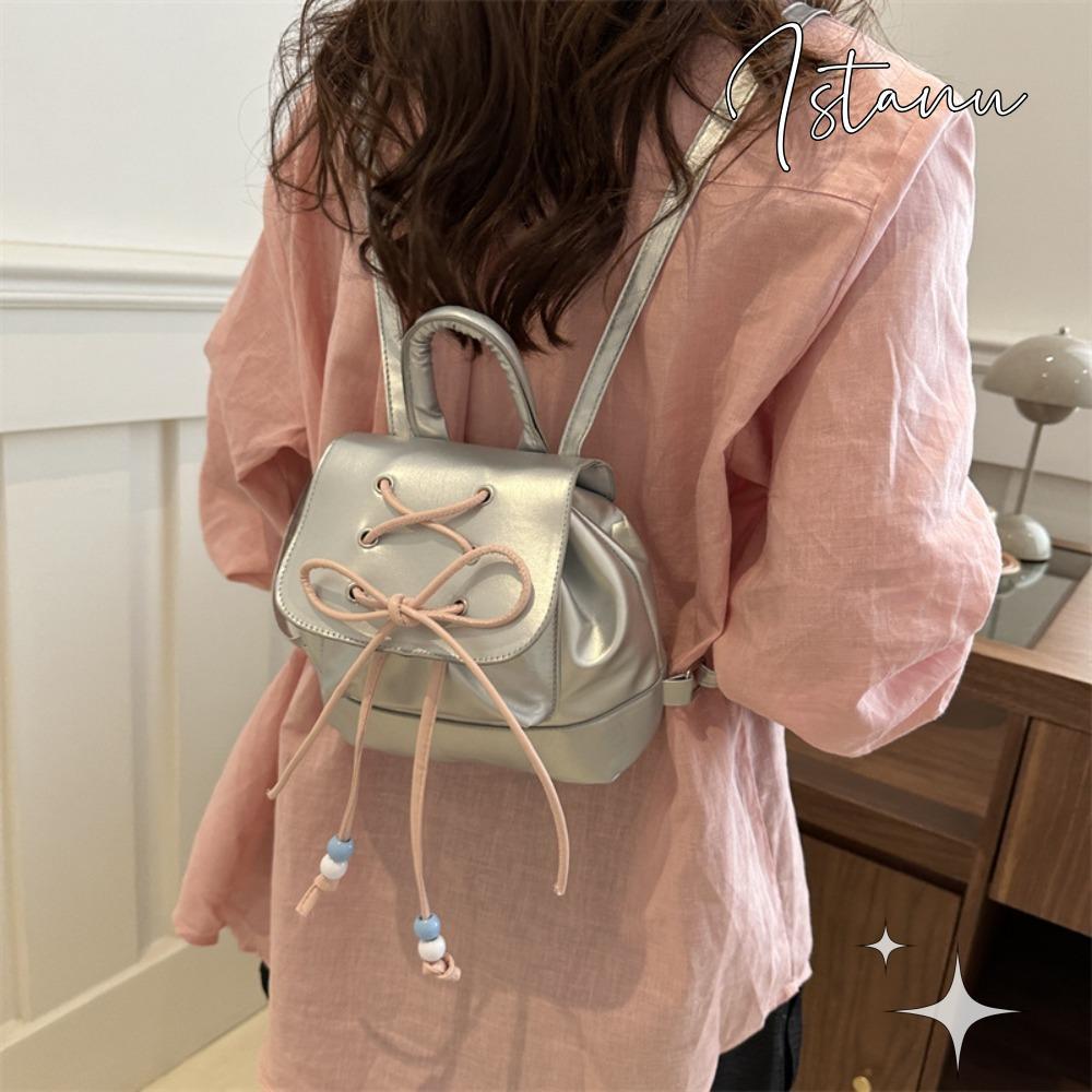 Ba lô đi học ISTANU, Ba lô nữ màu trơn bằng da PU, Túi đi học Mini có dây rút dành cho nữ