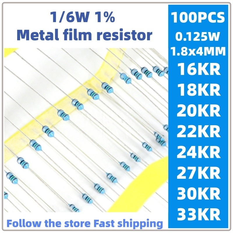 100 chiếc điện trở màng kim loại 1 / 6w 1% 0,125w 16K 18K 20K 22K 24K 27K 30K 33KR nghìn ohms