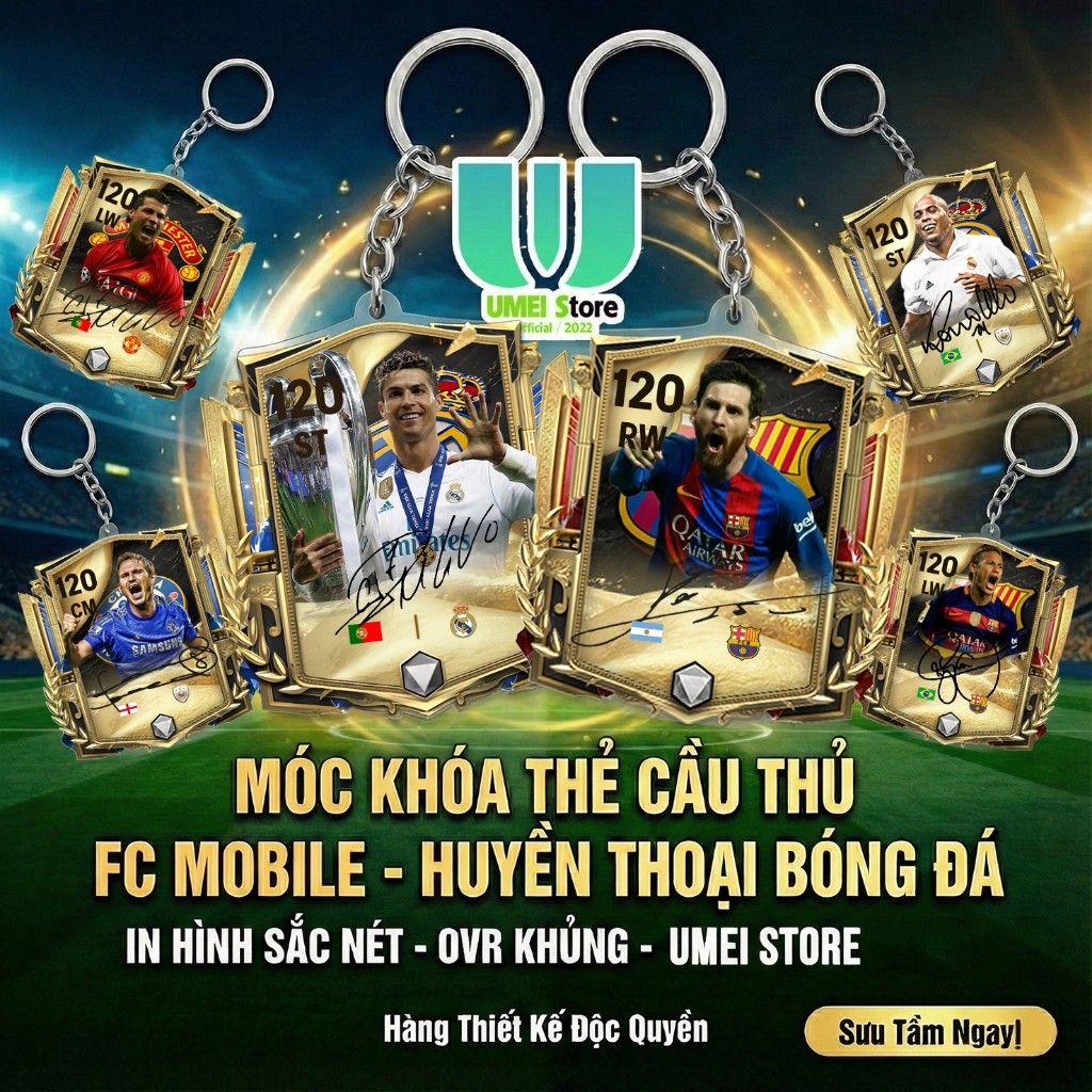 Móc Khóa FC Mobile Chữ Ký  Thẻ Cầu Thủ Messi, Ronaldo, Neymar phiên bản chữ ký