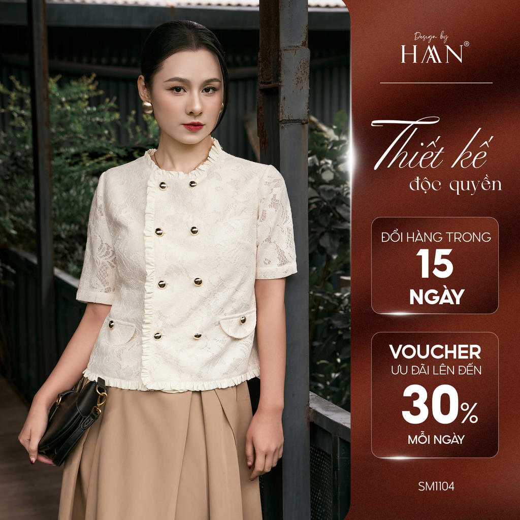 Áo Sơ Mi Công Sở Nữ Cổ Tròn Ren Màu Kem Be Đính Cúc Lịch Sự Sang Trọng HAAN Design SM1104