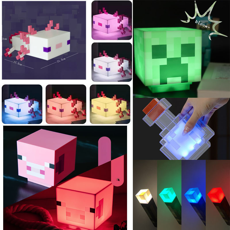 Minecraft Torch Creeper Diamond Axolotl Lamp MC Night Light Model