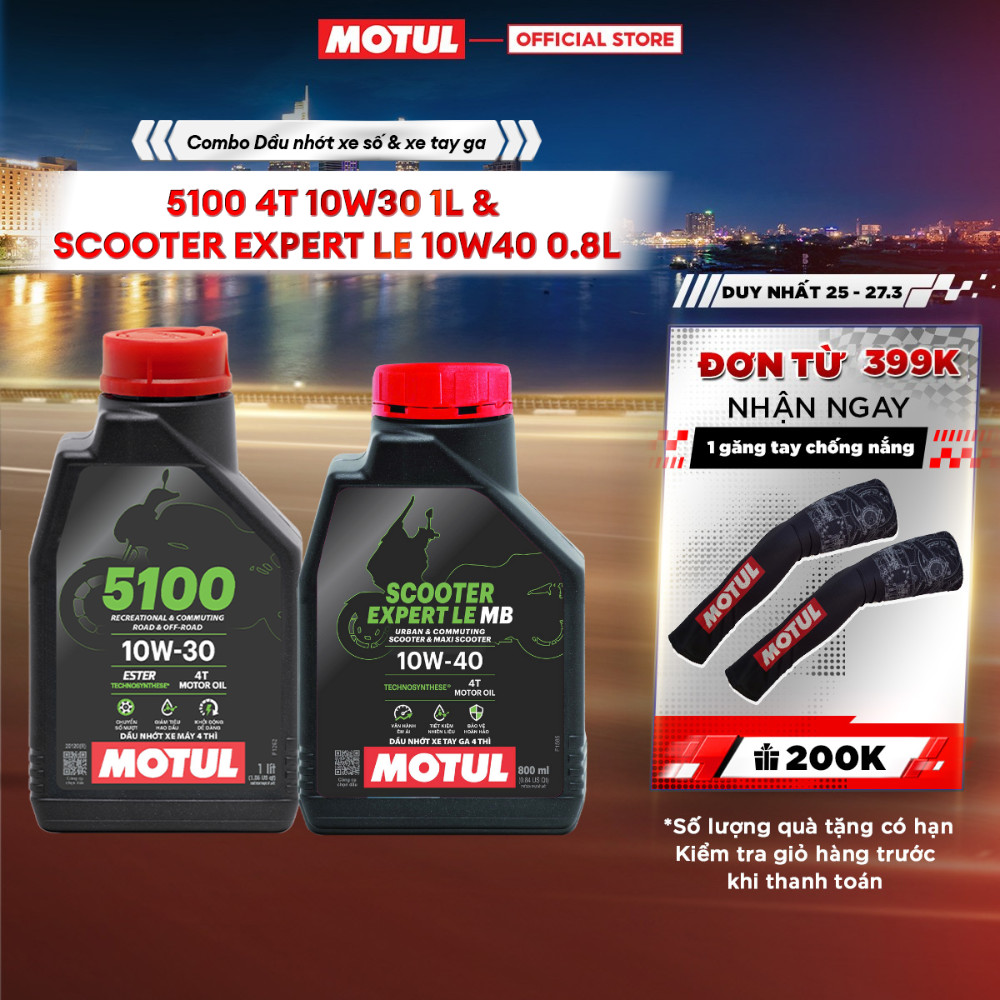 Combo Dầu nhớt xe máy Motul 5100 4T 10W30 1L và xe tay ga SCOOTER EXPERT LE 10W40 0.8L