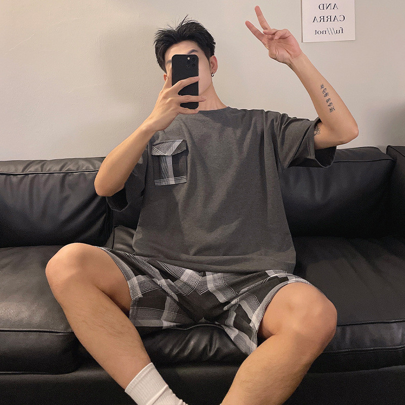 夏男士睡衣高级感夏季短袖短裤大码青少年男生款休闲家居服韩版Summer men's pajamas high-end sense summer short sleeve shorts largetev