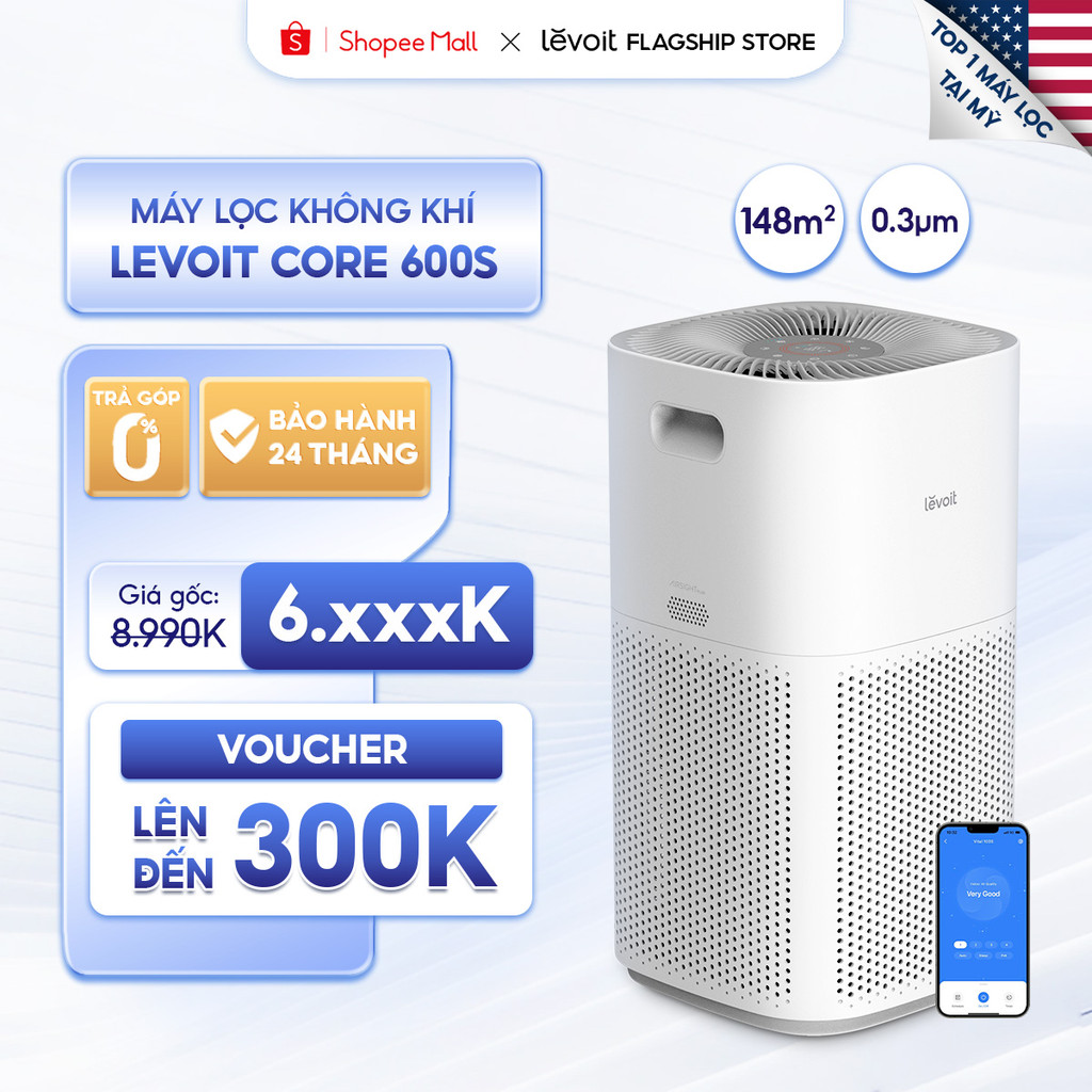 Máy Lọc Không Khí Levoit Core 600S 148m2 | Lọc bụi mịn - Đèn cảm biến chất lượng không khí - Hẹn giờ