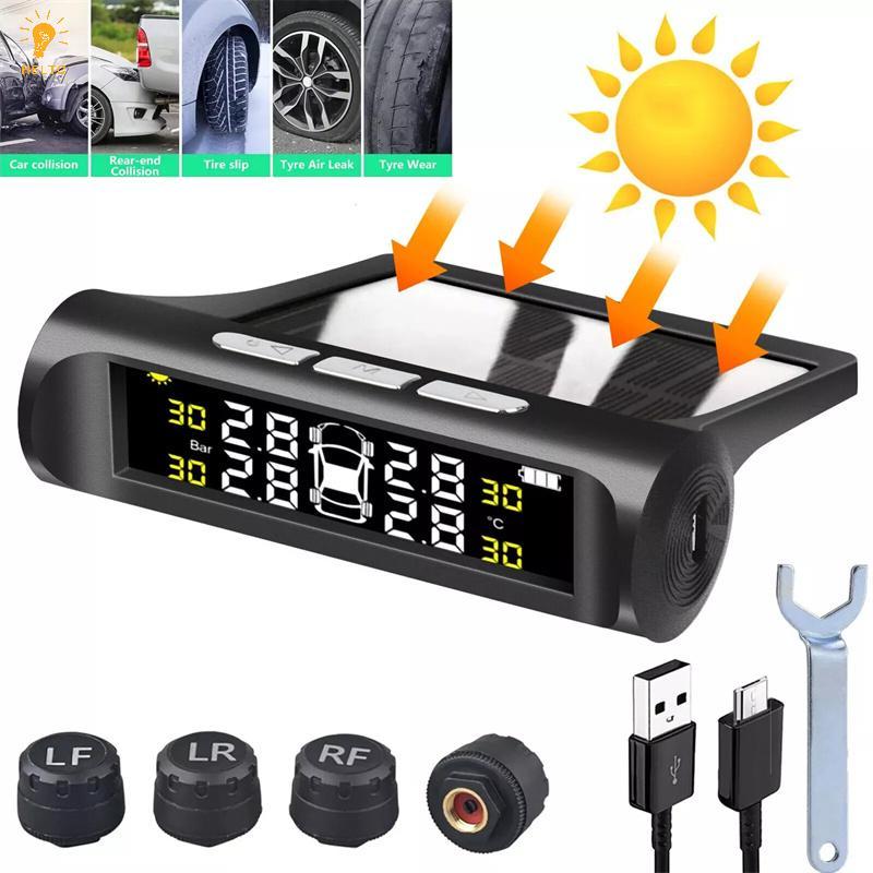 [HELTC] 4 Cảm biến Hệ thống giám sát áp suất lốp TPMS trên ô tô Màn hình LCD kỹ thuật số chạy bằng năng lượng mặt trời
