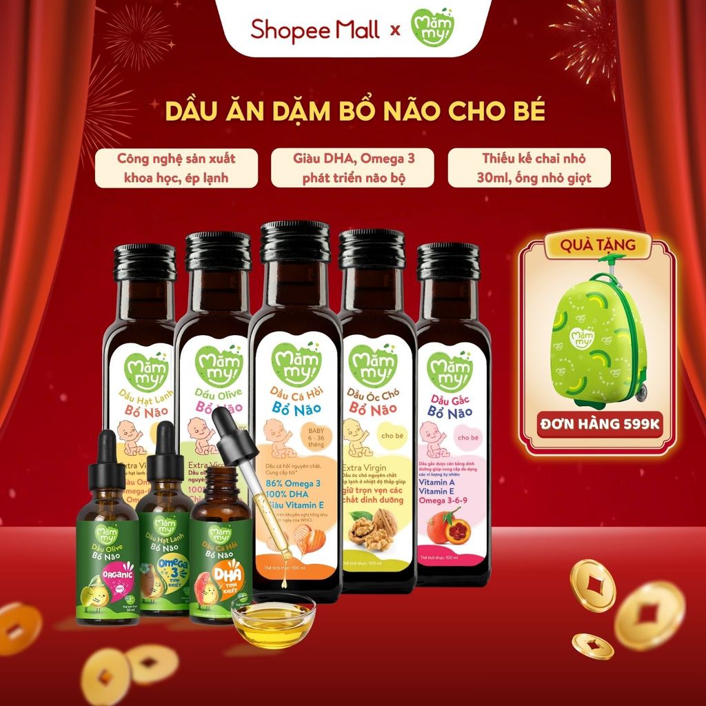 Dầu ăn dặm cho bé Mămmy 5 loại giàu DHA & Omega 3-6-9 cá hồi, hạt lanh, Olive, gấc, óc chó, chiên xà