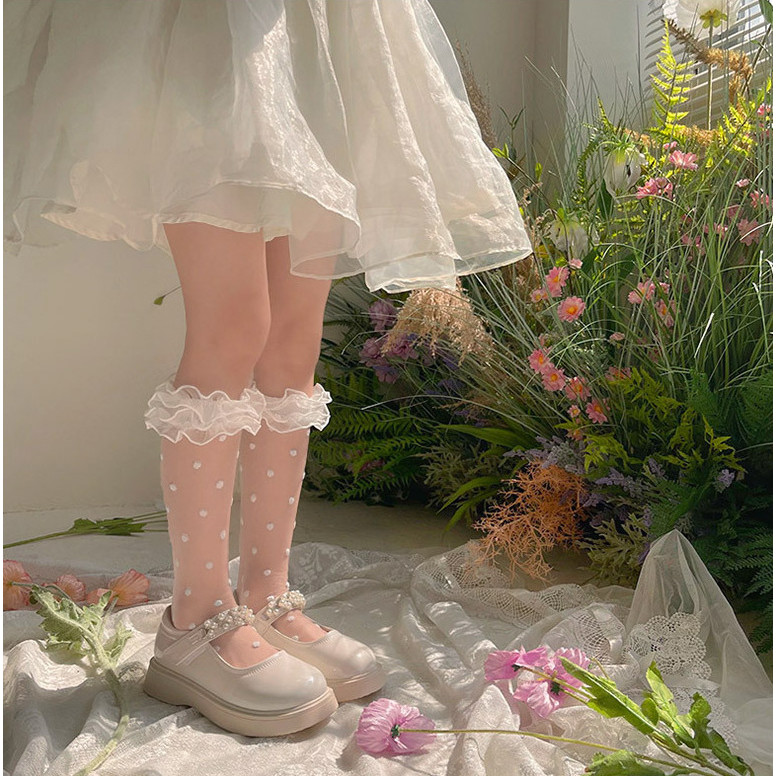 Mùa Xuân Mùa Hè Chấm Hai Lớp Bé Gái Pha Lê Polka Rễ Tất Bé Sợi Trẻ Em Ren Ou 2025