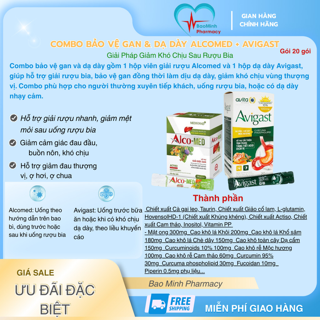 Combo Bảo Vệ Gan & Dạ Dày Alcomed + Avigast Giảm Khó Chịu Sau Rượu Bia