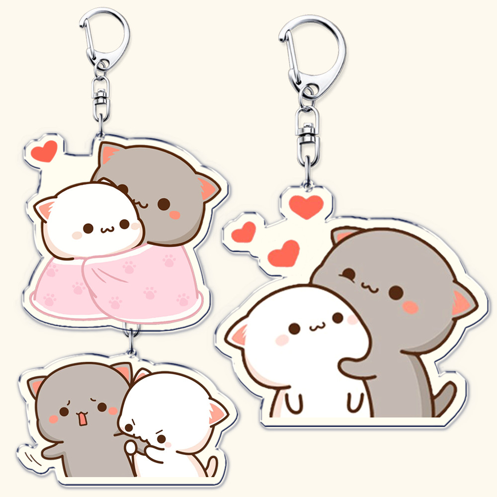 Cute Cartoon Peach and Goma Couple Cat Acrylic Keychains Ring for Accessories Bag Pendant