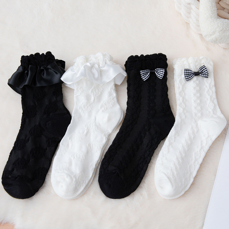 [OK Sports Life] Tất ren bánh trắng đen đơn giản họa tiết gai dầu Cô gái Nhật Bản jk Lolita Tất nữ n