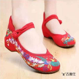 Cũ Bắc Kinh Nữ Giày Vải Phong Cách Dân Tộc Thêu Giày Nêm Giày Cưới Đỏ Vuông Khiêu Vũ Giày Hanfu Giày