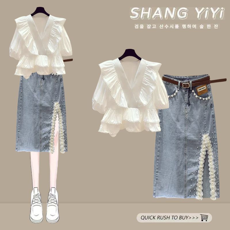 Bộ đồ denim phong cách Pháp ngọt ngào, chi tiết ren bohem, áo sơ mi V-neck ngắn tay phối cùng váy ch