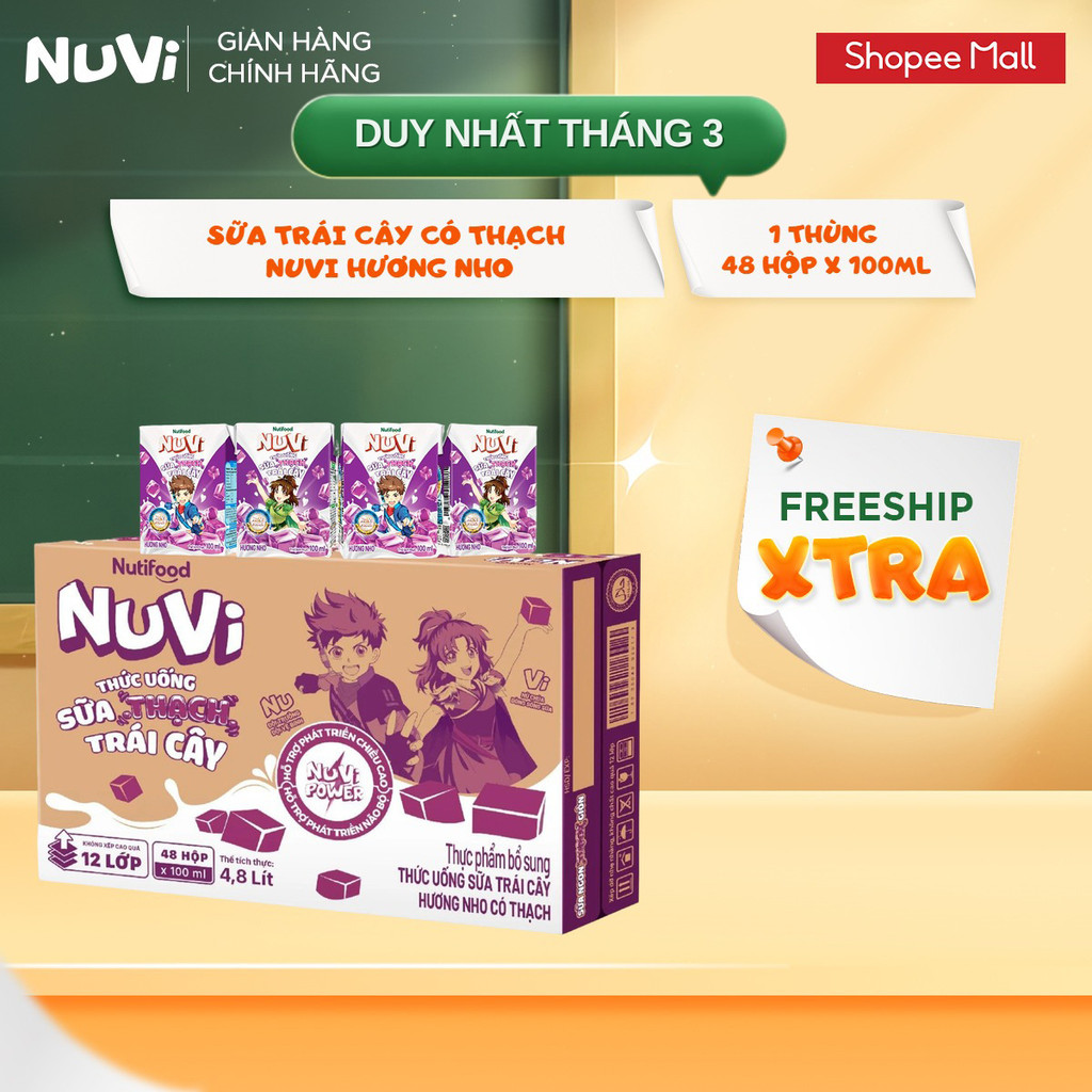 Thùng 48 Hộp Thức Uống Sữa Trái Cây Có Thạch NuVi Hương Nho 100ml