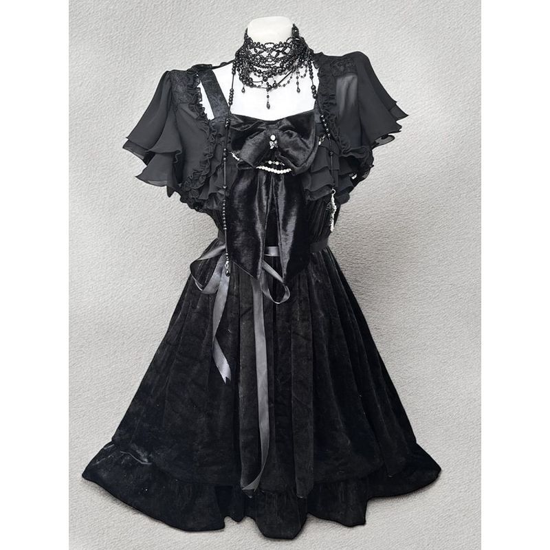 Đầm và Cardigan Lolita Gothic Vintage Đen với Nơ - Phù hợp Mùa Hè