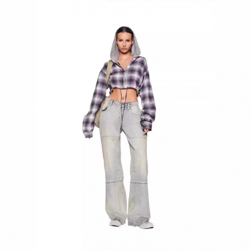 MHJ1 I.AM.GIA Hong Kong-style retro slim-fit cropped casual long-sleeve hooded plaid short jacket sh