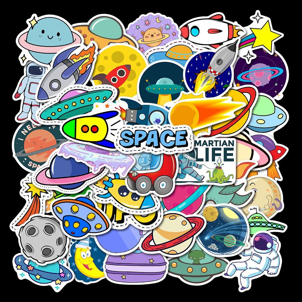 Set 50/100/200 sticker planet rocket UFO astronaut graffiti waterproof, DIY vali notebook cốc xe bod