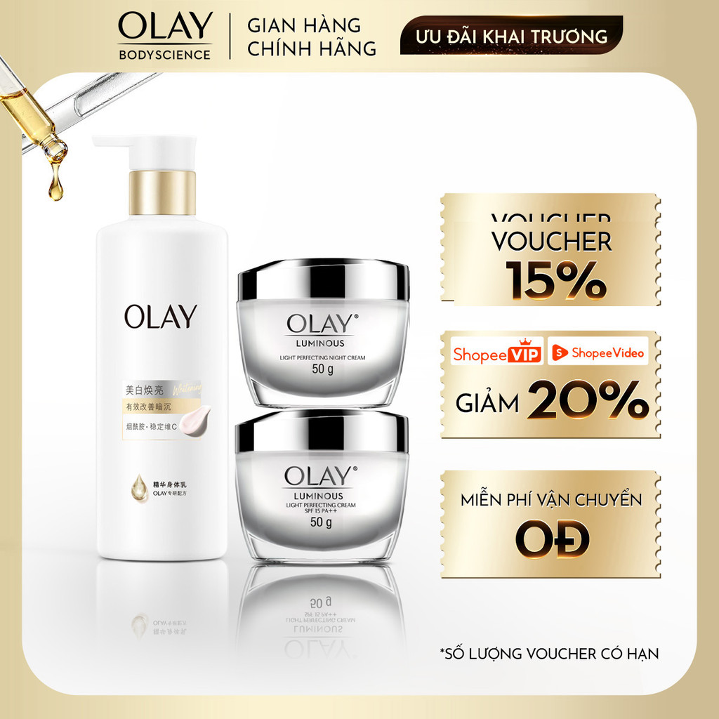 Combo Sữa đưỡng thể Sáng da Olay 260g + Kem Dưỡng Da Ngày & Đêm OLAY Luminous Sáng da, Mờ Thâm Nám SPF15 PA ++ 50g