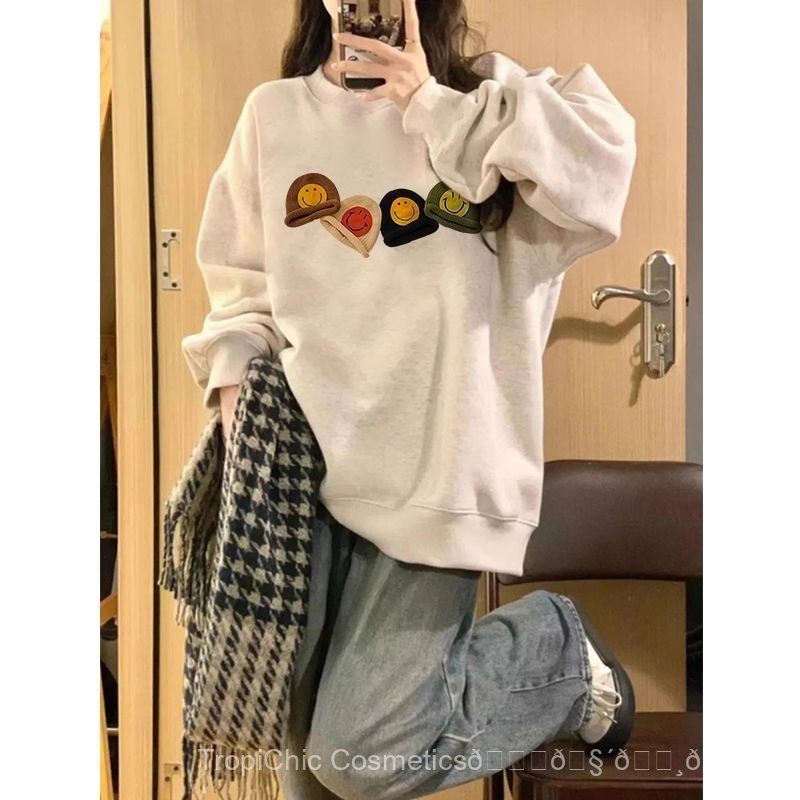 Mỹ Retro Cổ Tròn Áo Nữ 2026 Phong Cách Mới Nóng Phong Cách Thu Đông Lười Phong Cách Rời Đường Phố Ph