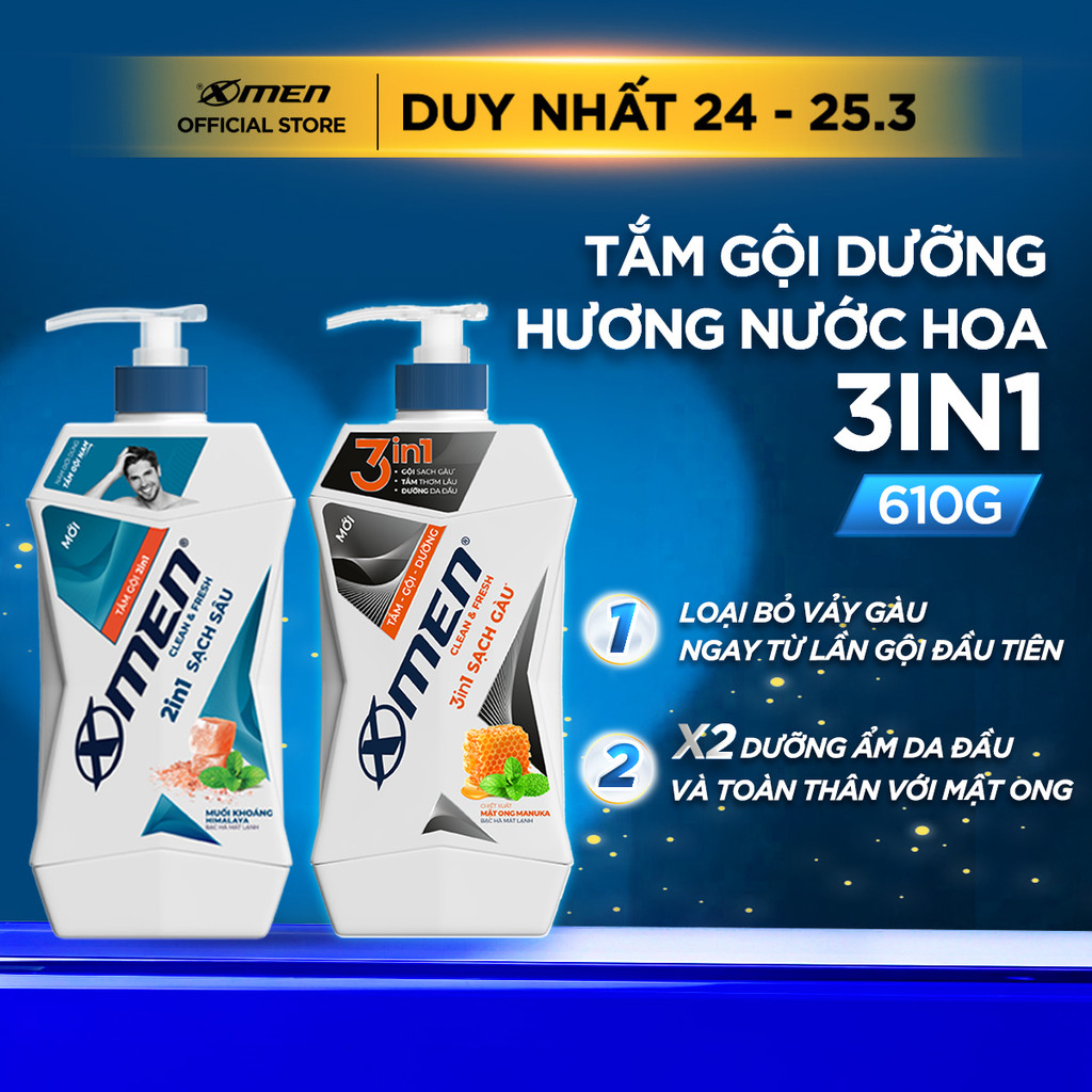 Tắm Gội Nam Xmen Clean & Fresh Sạch Gàu Sạch Sâu 610g Thành Phần Thiên Nhiên Chiết Xuất Bạc Hà Mát Lạnh