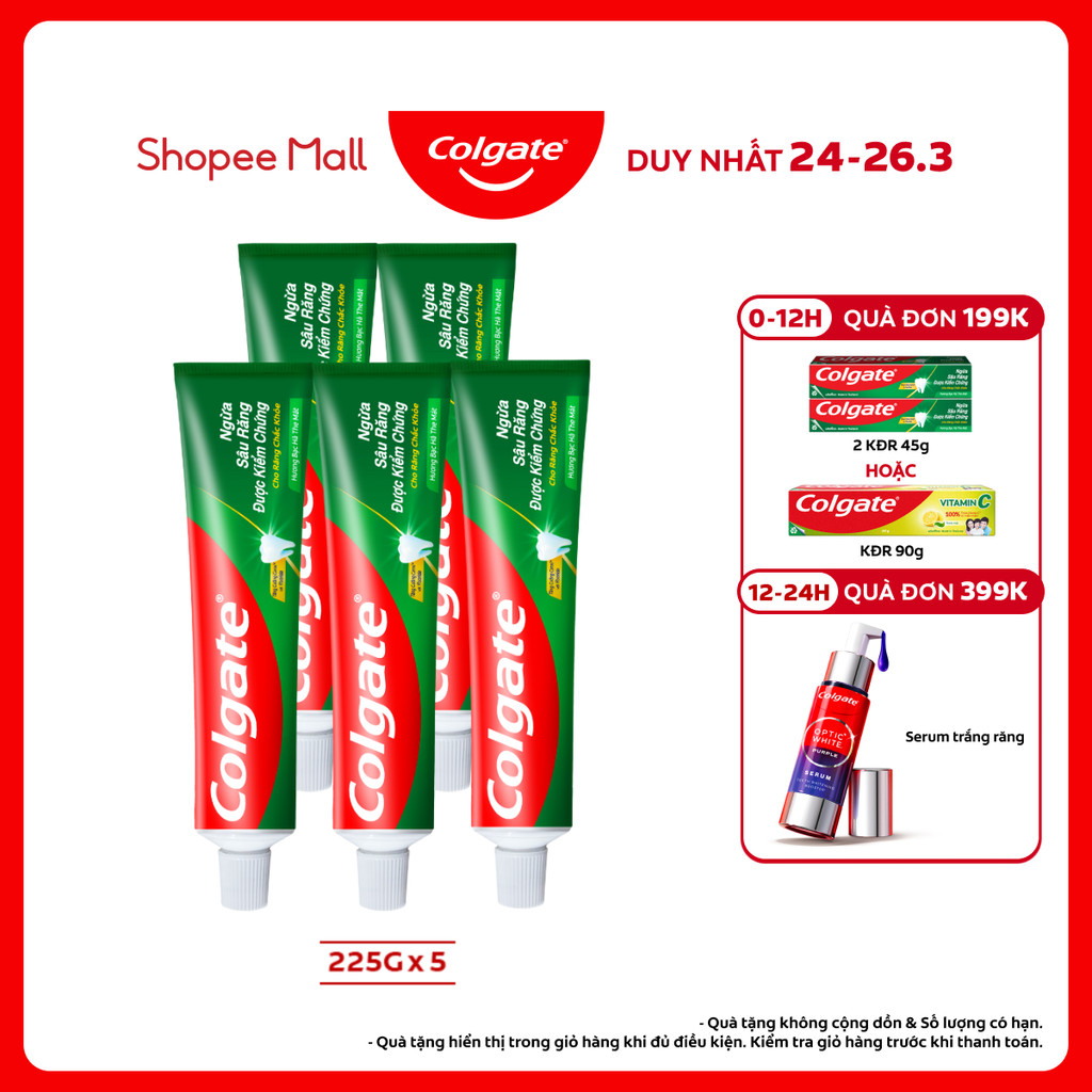 Bộ 5 Kem đánh răng Colgate ngừa sâu răng răng chắc khỏe 225g/tuýp