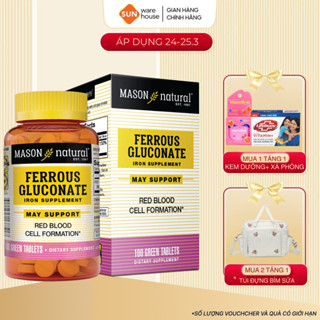 Viên Uống Sắt Cho Bà Bầu MASON NATURAL Ferrouse Gluconate Giúp Bổ Máu, Tăng Tế Bào Hồng Cầu, Không Tanh - 50/100 Viên
