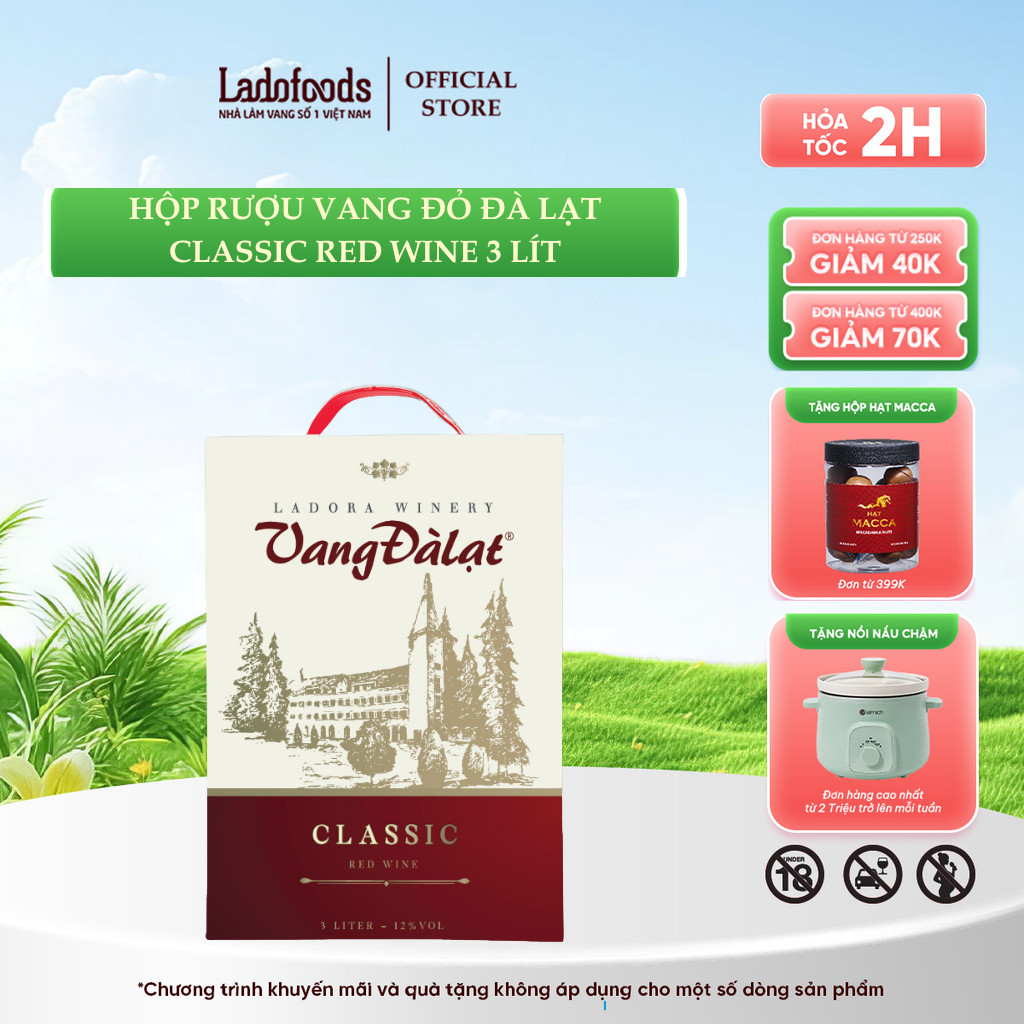 [25/03 - TẶNG MACCA ĐƠN 399K] Hộp Rượu Vang Đỏ Đà Lạt Classic Red Wine 3Lít