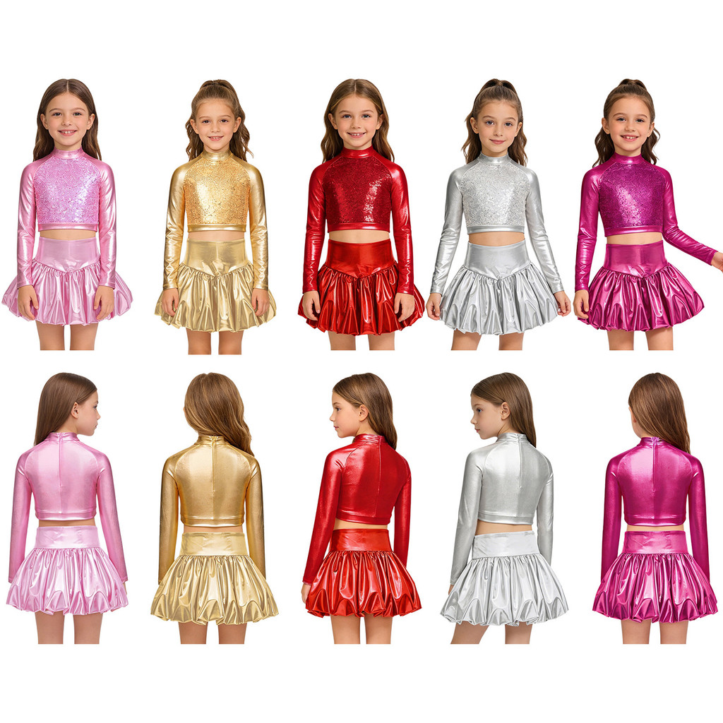 YUUMIN Kids Girls Dance Performance Outfit Mock Neck Dài Tay Sequin Kim Loại Crop Top Với Váy Bong B