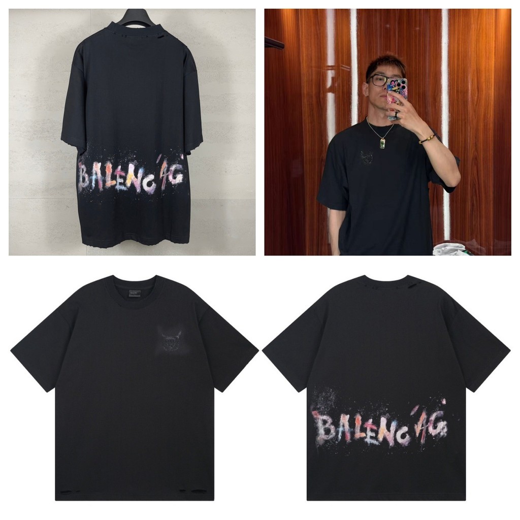 P4HM BLC* New wheat ear embroidery lettering, colorful hand-drawn graffiti, vintage-style short slee