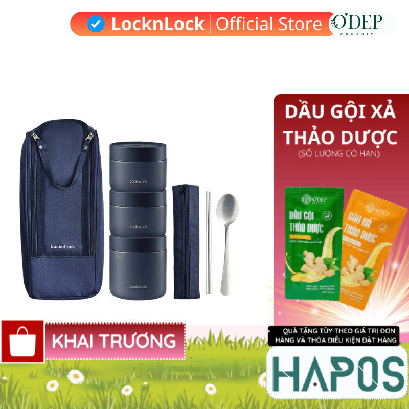 Hộp cơm giữ nhiệt văn phòng 1.1L LocknLock 3 ngăn LHC8052S01, kèm túi và muỗng đũa - HAPOS HBE