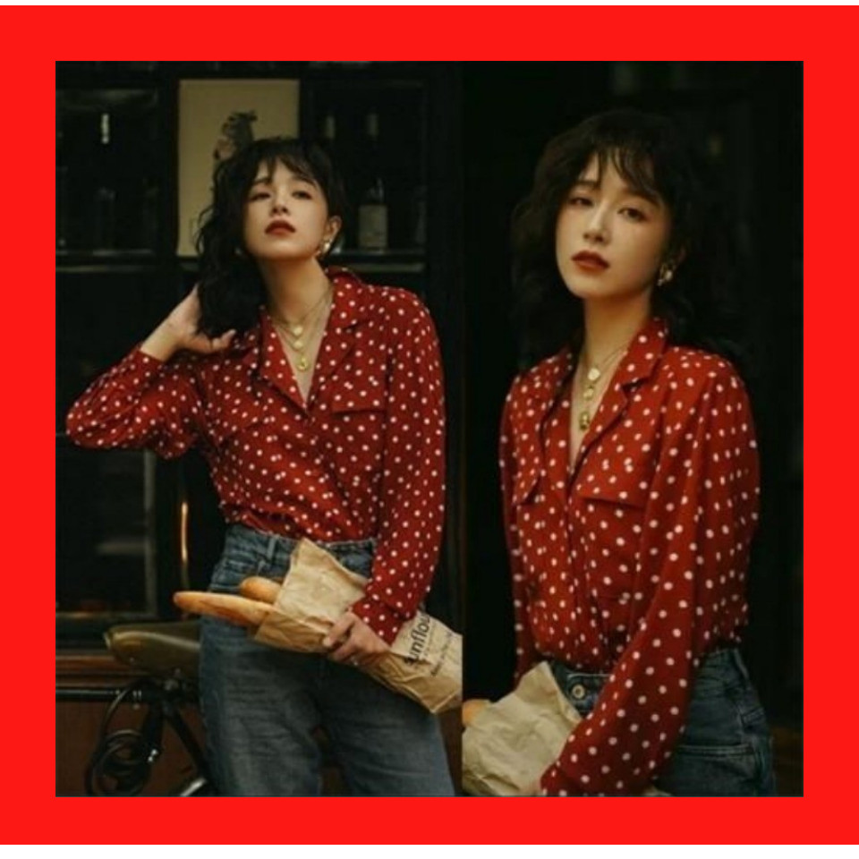 Suzanne🔥 Ao Sơ Mi Nữ Hồng Kông phong cách retro áo sơ mi chấm bi dành cho nữ