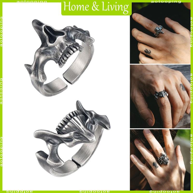 AOTO Nam Gothic Punk Đầu Lâu Nhẫn Punk Retro Gothic Nam Đầu Lâu Nhẫn Bạc Đen Thoáng Mát Nhẫn Trang S