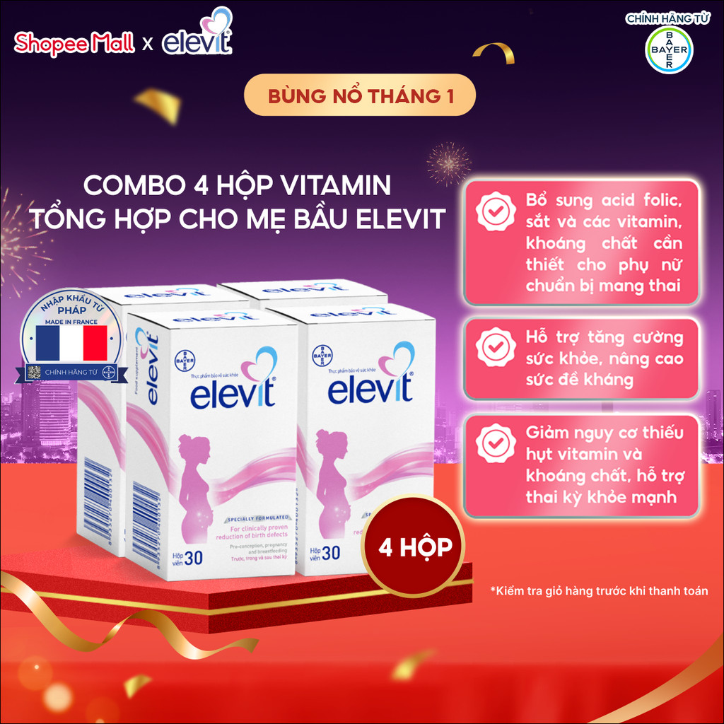 Bộ 4 Thực phẩm bảo vệ sức khỏe Elevit bổ sung Acid Folic, Sắt, Canxi, Các Vitamin và Các khoáng chất