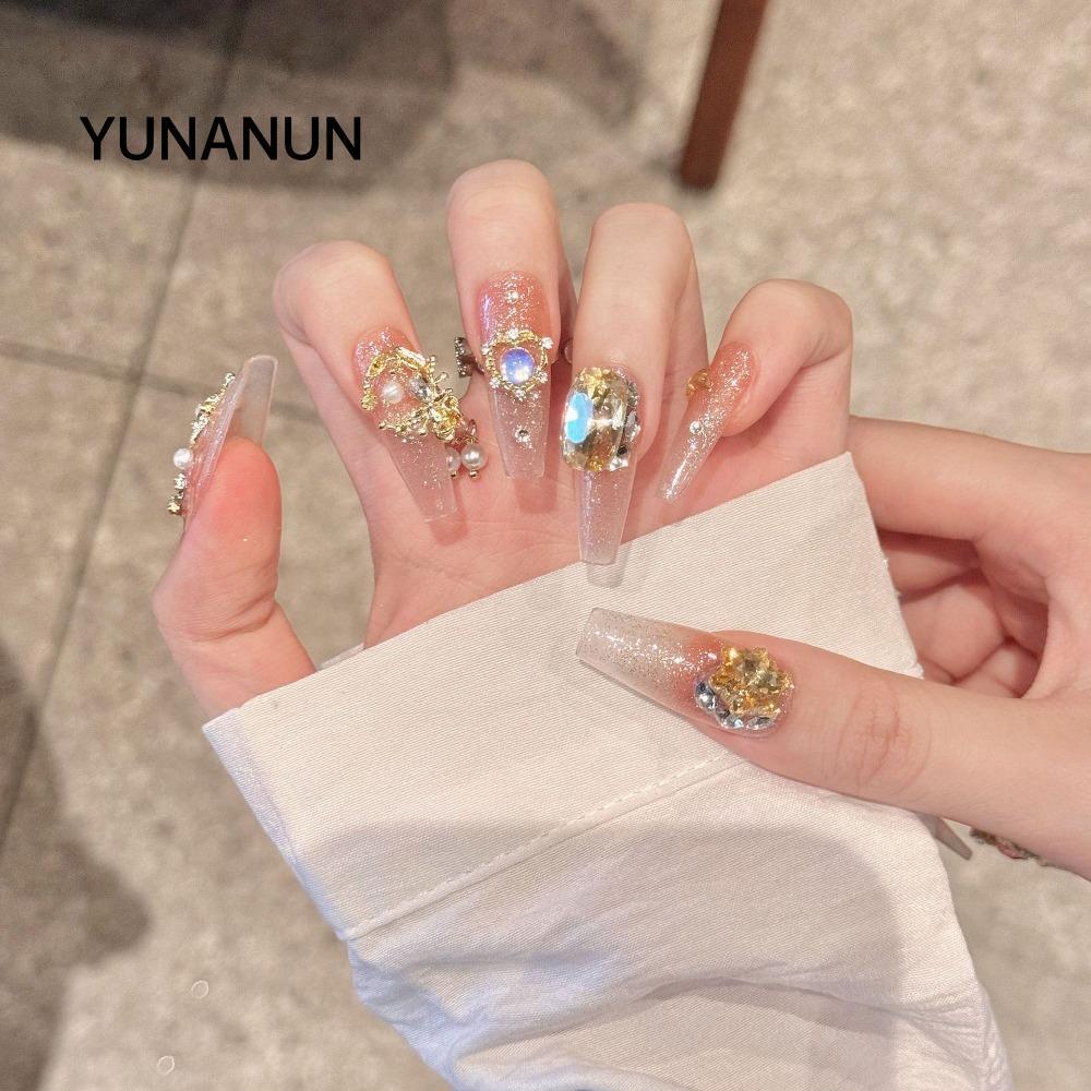 YUNAUN Handmade Press On Nails, Nơ Lấp Lánh Họa Tiết Tình Yêu Móng Tay Giả, Tác Dụng Có Thể Tháo Rời