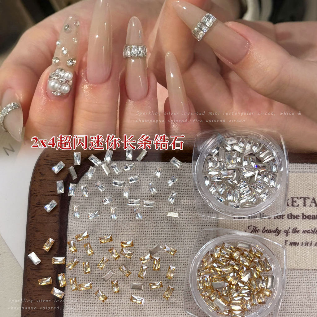 2 * 4 Dài Zircon Phụ Kiện Làm Móng Tay Trong Suốt Trắng Champagne Phẳng Rời Kim Cương Nhấp Nháy Chất Liệu Kim Cương Gói diy Phụ Kiện Móng Tay