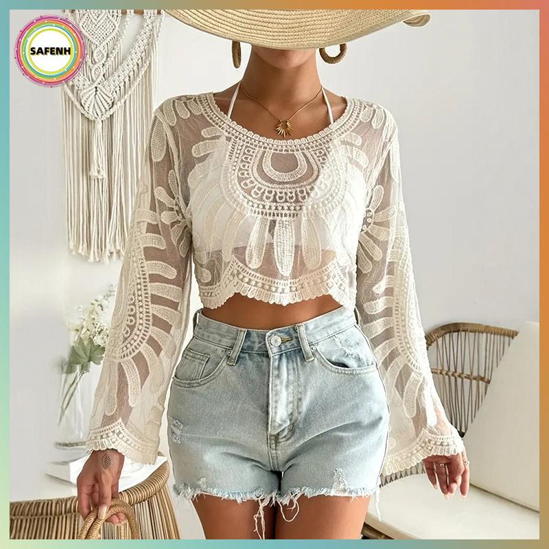 Safenh Top Áo Ren Thêu Hoa Style Boho, Tay Dài Cổ Tròn Cho Nữ