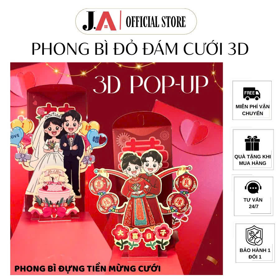 Phong Bì Đỏ Đựng Tiền Mừng Cưới Mở Ra Hiệu Ứng 3D Pop-Up Nổi, Phong Bì Hỷ Thiết Kế Cô Dâu Chú Rể JA 