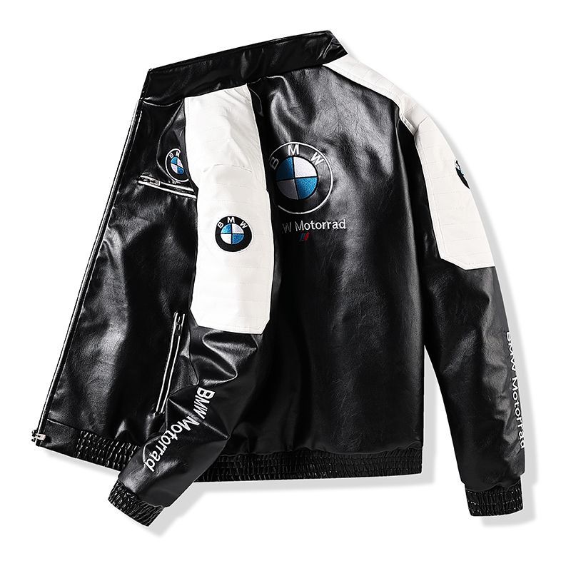 BMW retro leather jacket, featuring embroidered lettering, stand-up collar, and M POWER, M2, and M5 