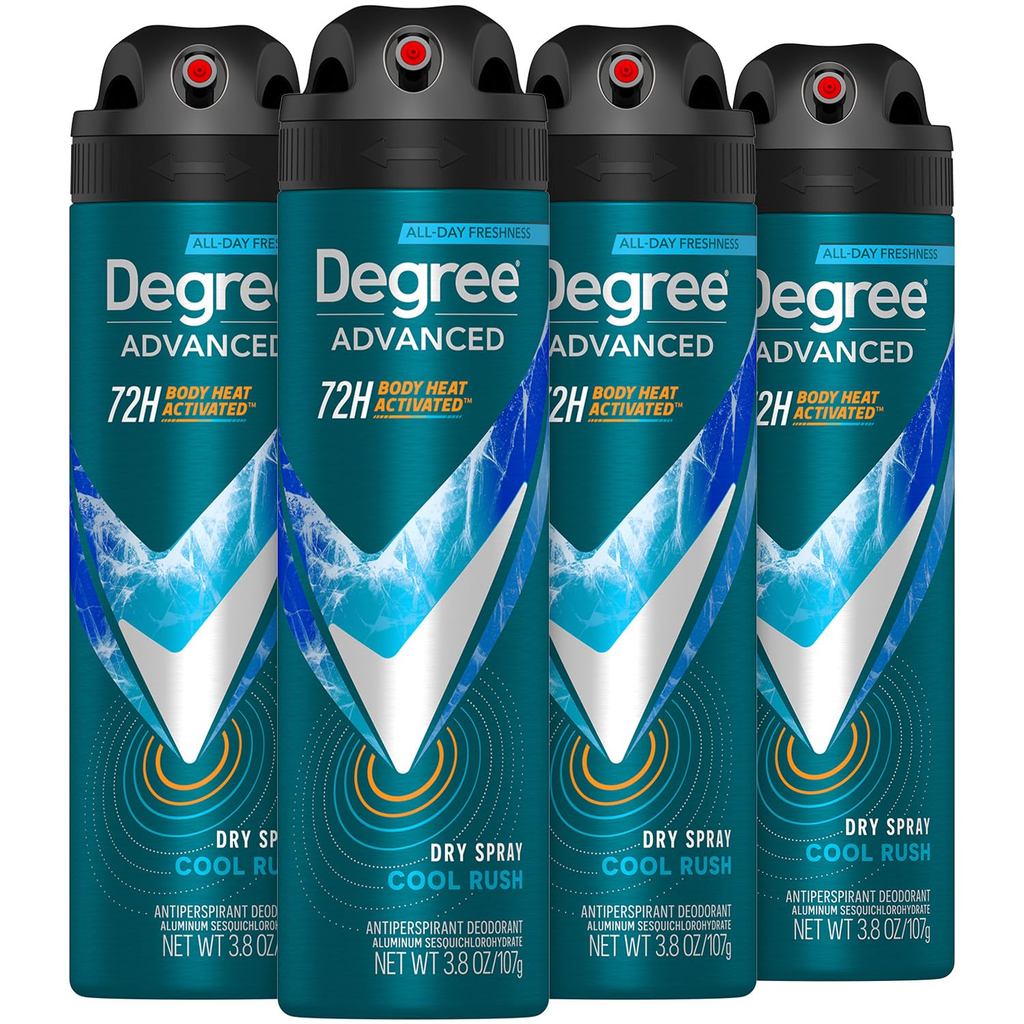 Xịt khử mùi chống mồ hôi nam Degree, Cool Rush, 4-Pack – Bảo vệ mồ hôi & mùi 72H, 3,8 Oz Ea