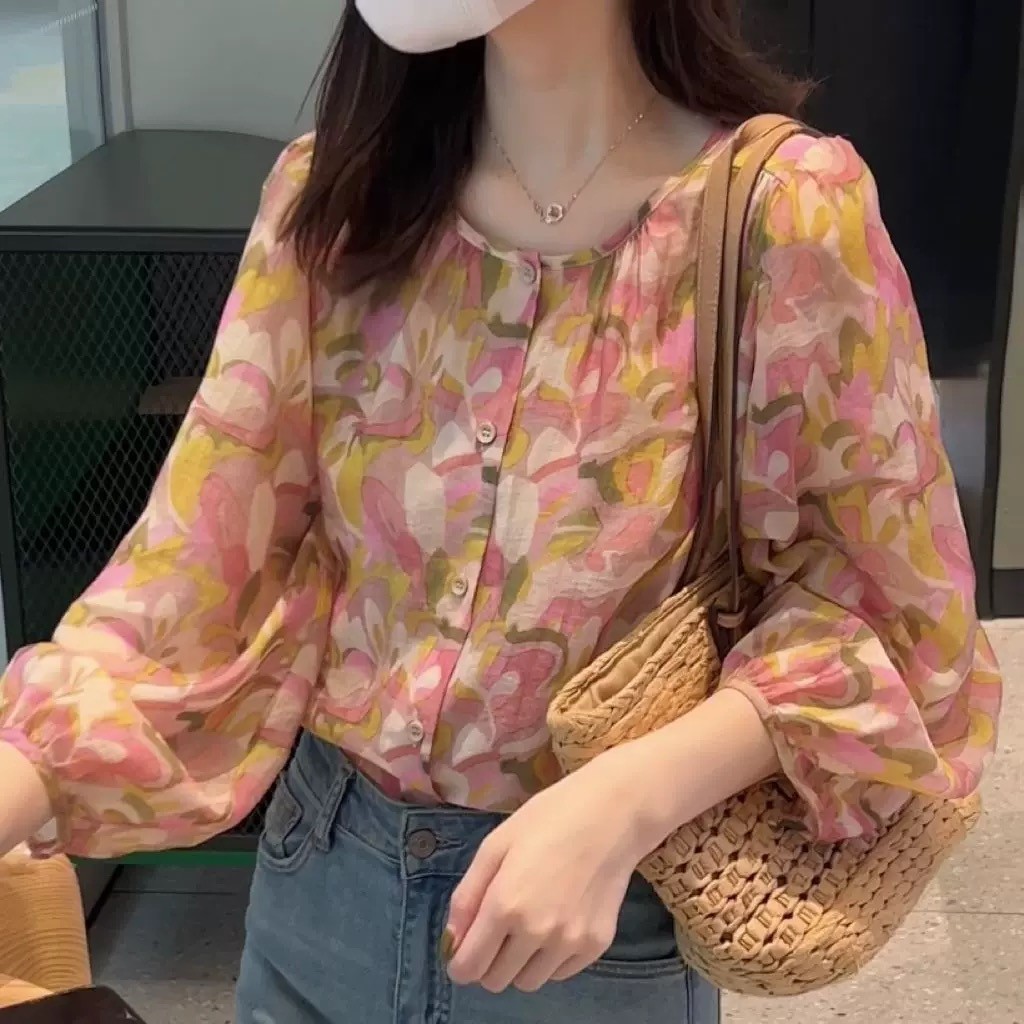 Dahong W341 Áo Sơ Mi Tay Ba Phần Tư Vải Voan Lỏng Lẻo Phù Hợp Với Hoa Văn Mỏng Thời Trang Cho Nữ