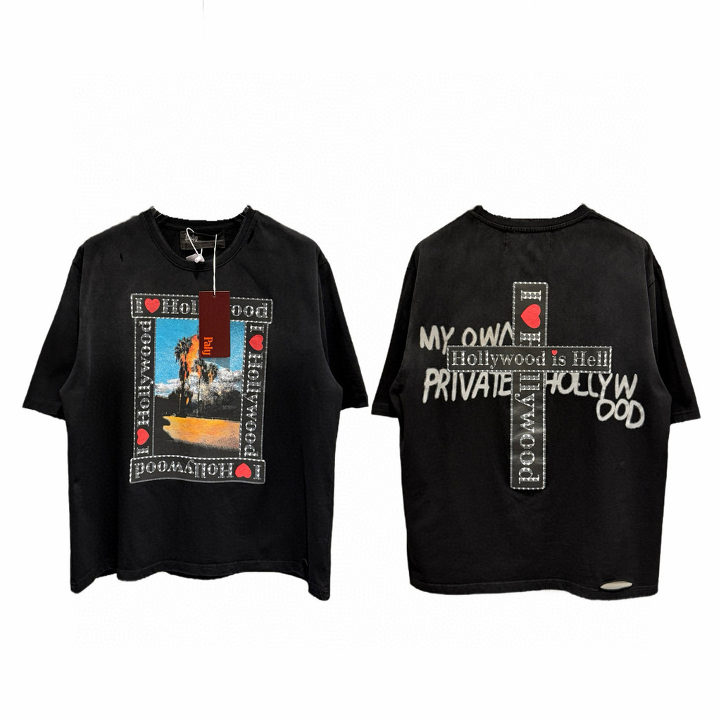 YZMG Paly Hollywood Vintage washed distressed Hollywood print casual loose fit T Short-sleeved shirt