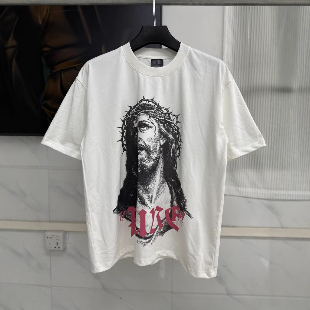 Saint Michael Thorny Jesus Portrait Digital Direct Print Vintage Short Sleeve T T-shirt for Men and 