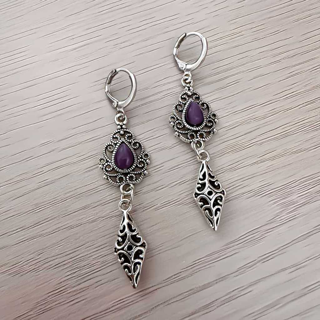 Bông tai vintage boho đá tím hình giọt khắc - Style dân tộc độc đáo