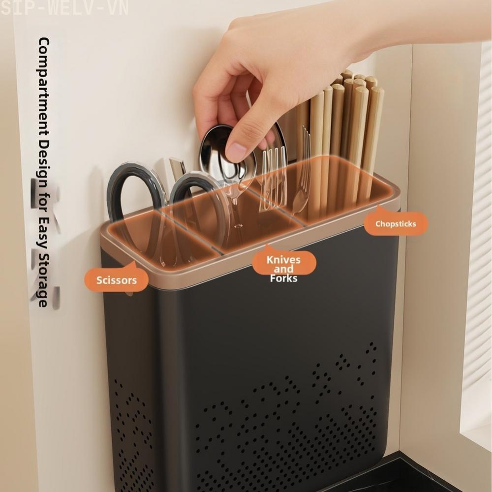 {WELV}Wall Mounted Kitchen Utensil Holder Chopsticks Spoon Blade Organizer No Drilling