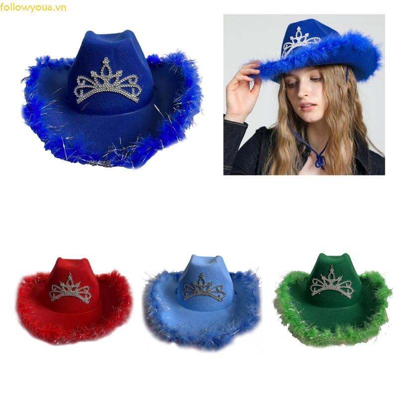Fol Crown Cowboy Hat Western LED lớn Lông vũ Mũ Fedoras Cowboy Mũ dày