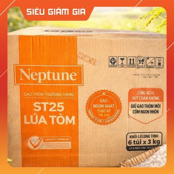 1 Thùng 6 Túi 3Kg (18Kg) Gạo ST25 Lúa Tôm Neptune 3Kg HCK - Hàng chính hãng - Dẻo Thơm Ngọt Cơm-