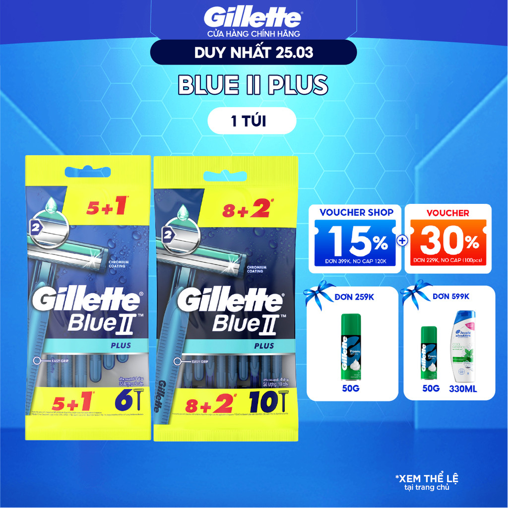 [Mua 8 Tặng 2] Dao Cạo Râu Gillette Blue II Plus - Gói 8 Cây Tặng 2/ 5 Cây Tặng 1