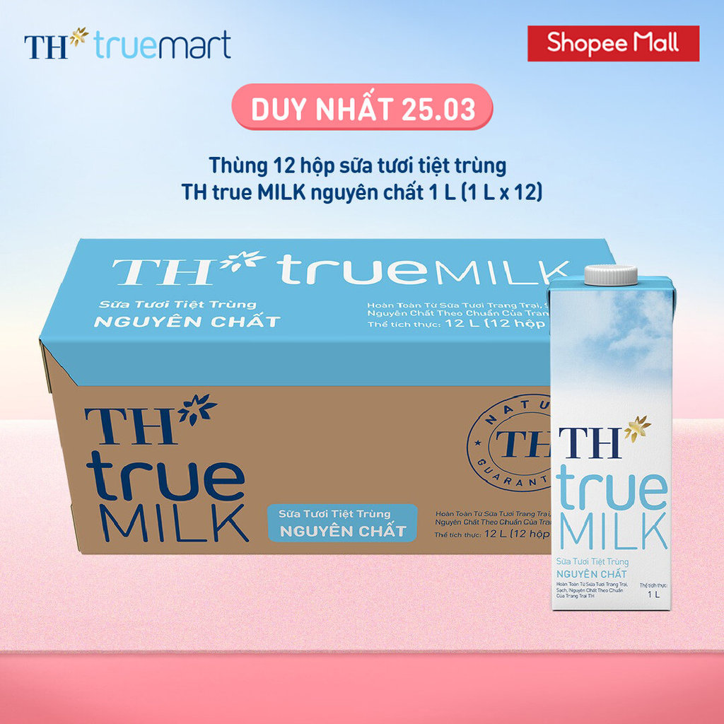 Thùng 12 hộp sữa tươi tiệt trùng TH true MILK nguyên chất 1 L (1 L x 12)