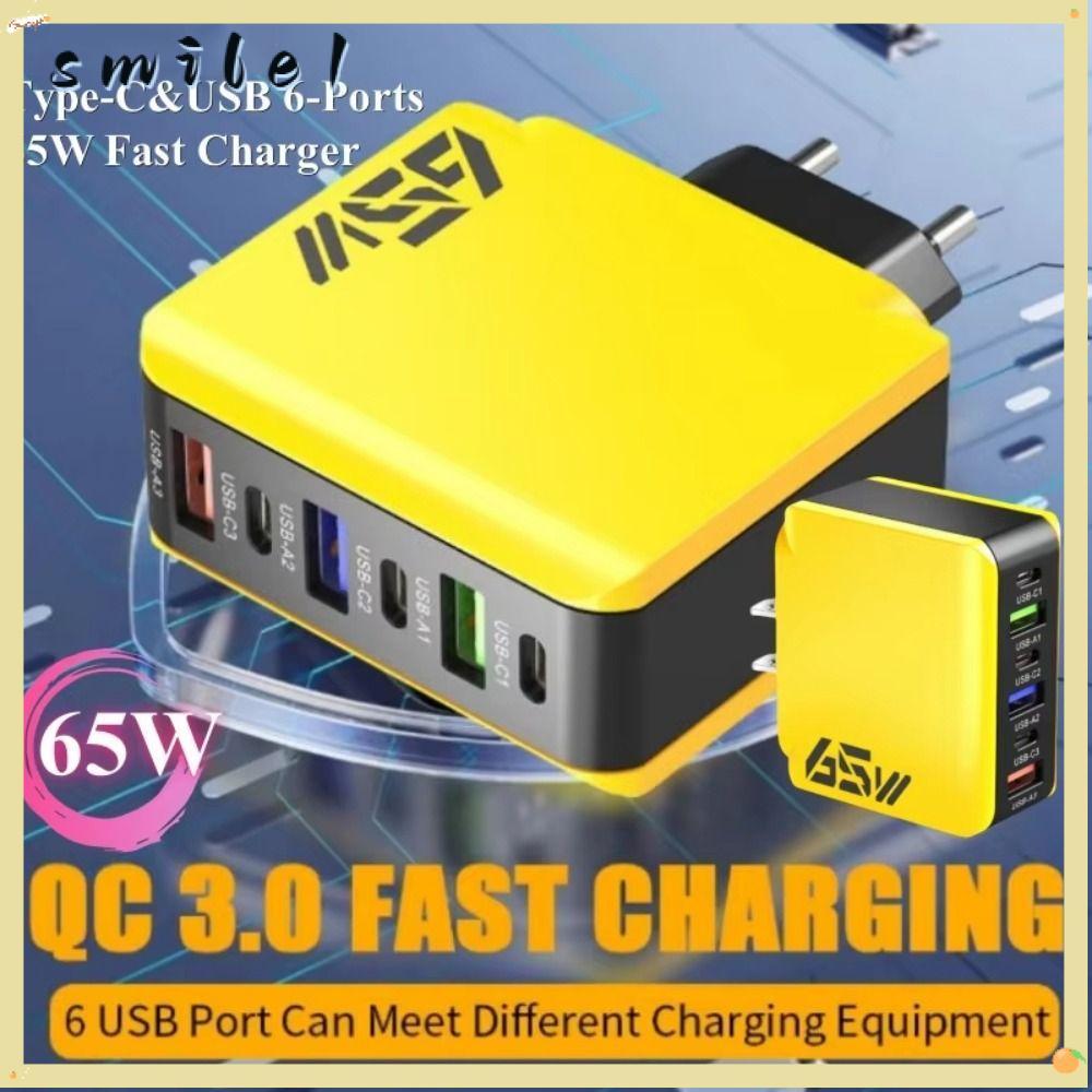 Phích cắm sạc SMILE 65W, Bộ sạc điện thoại USB A + C QC3.0, Bộ sạc nhanh 6 cổng Bộ sạc đa cổng EU / 