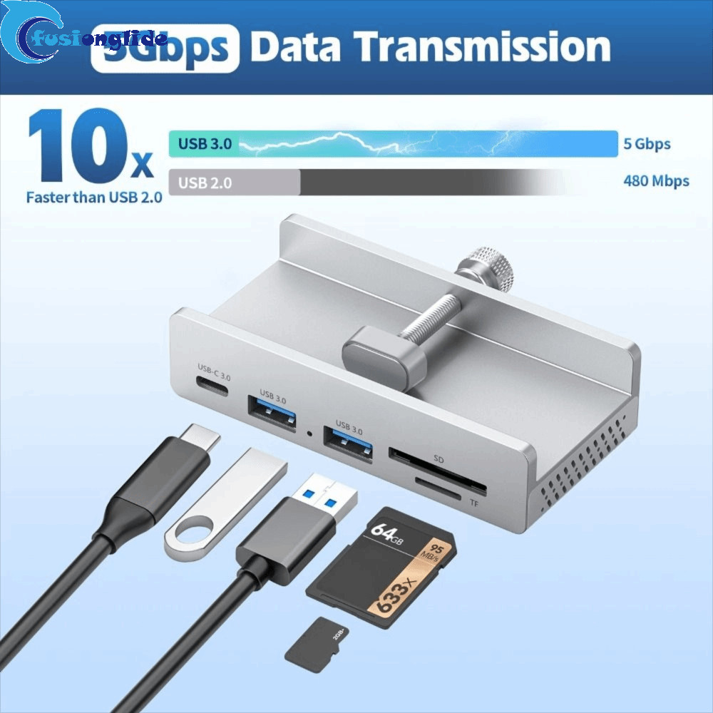 Kẹp HUB USB FUSIONGLIDE, Bộ chuyển đổi bộ chia USB 5Gbps USB3.2 / 3.0 / 2.0, Bộ nguồn đa cổng Phụ ki